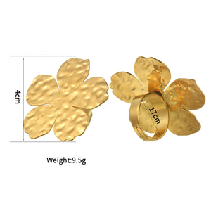 Textured Retro Gold Stainless Steel Flower Open Ring Women