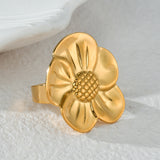 Textured Retro Gold Stainless Steel Flower Open Ring Women