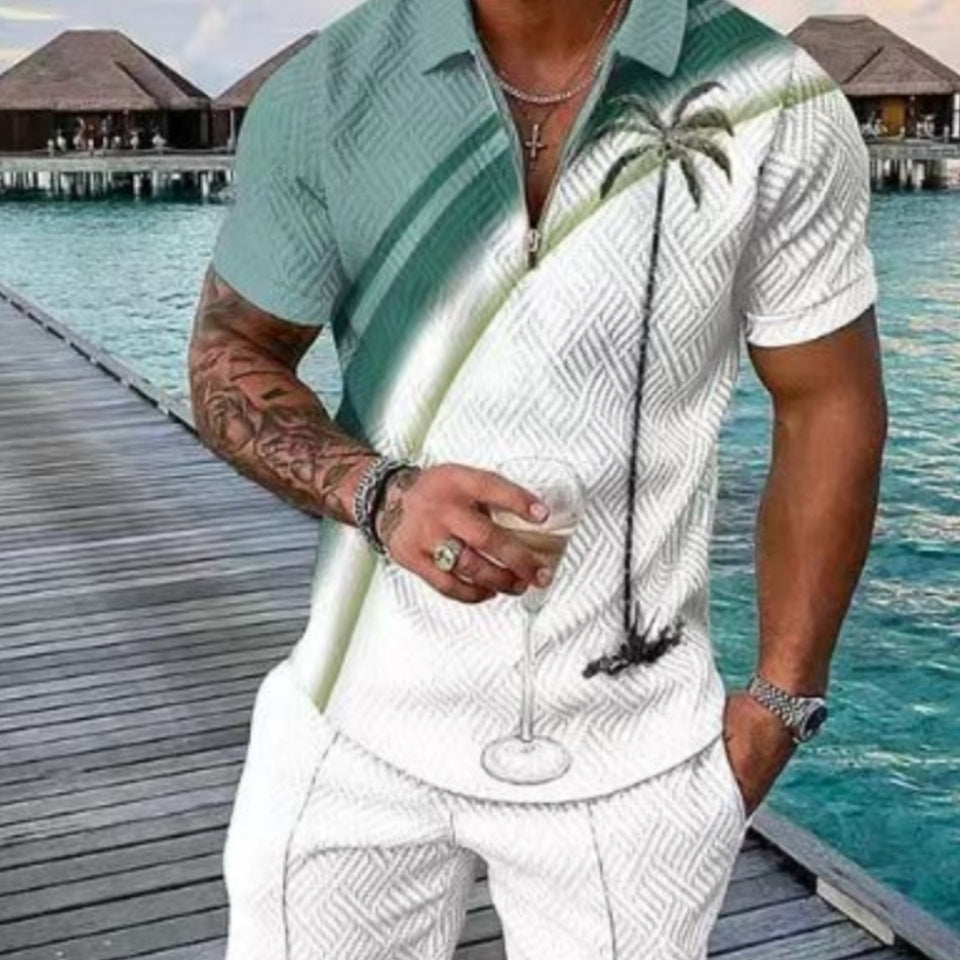 Men's New Clothes Zipper Polo Short Sleeve Suit