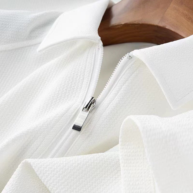 Light Luxury Summer Thin Bubble Fabric Half Zipper Polo Shirt Men's Short Sleeve Lapel T-shirt