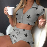 Cross-border Foreign Trade Source Women''s Clothing Star Printing Lapel Knitted Suit Two-piece Set