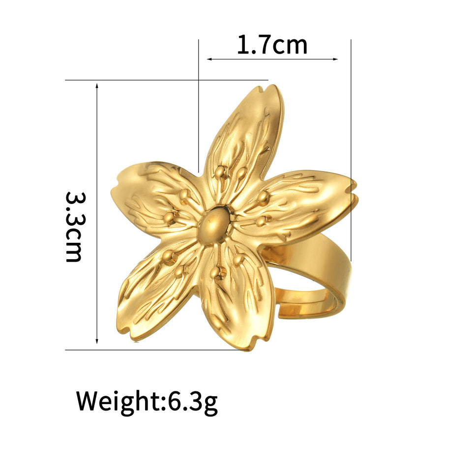 Textured Retro Gold Stainless Steel Flower Open Ring Women