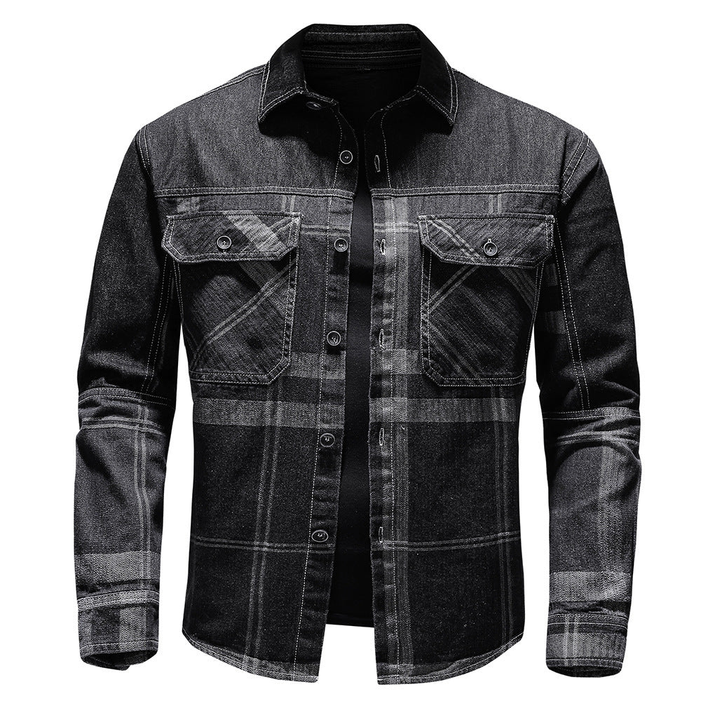 Fashion Plaid Denim Long-sleeved Shirt Man