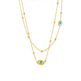 Minority Fashion Design Double-layer Mix Chain Golden Balls Titanium Steel Drop Oil Hollow Blue Eyes Pendant Necklace