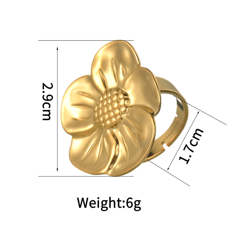 Textured Retro Gold Stainless Steel Flower Open Ring Women