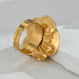 Textured Retro Gold Stainless Steel Flower Open Ring Women