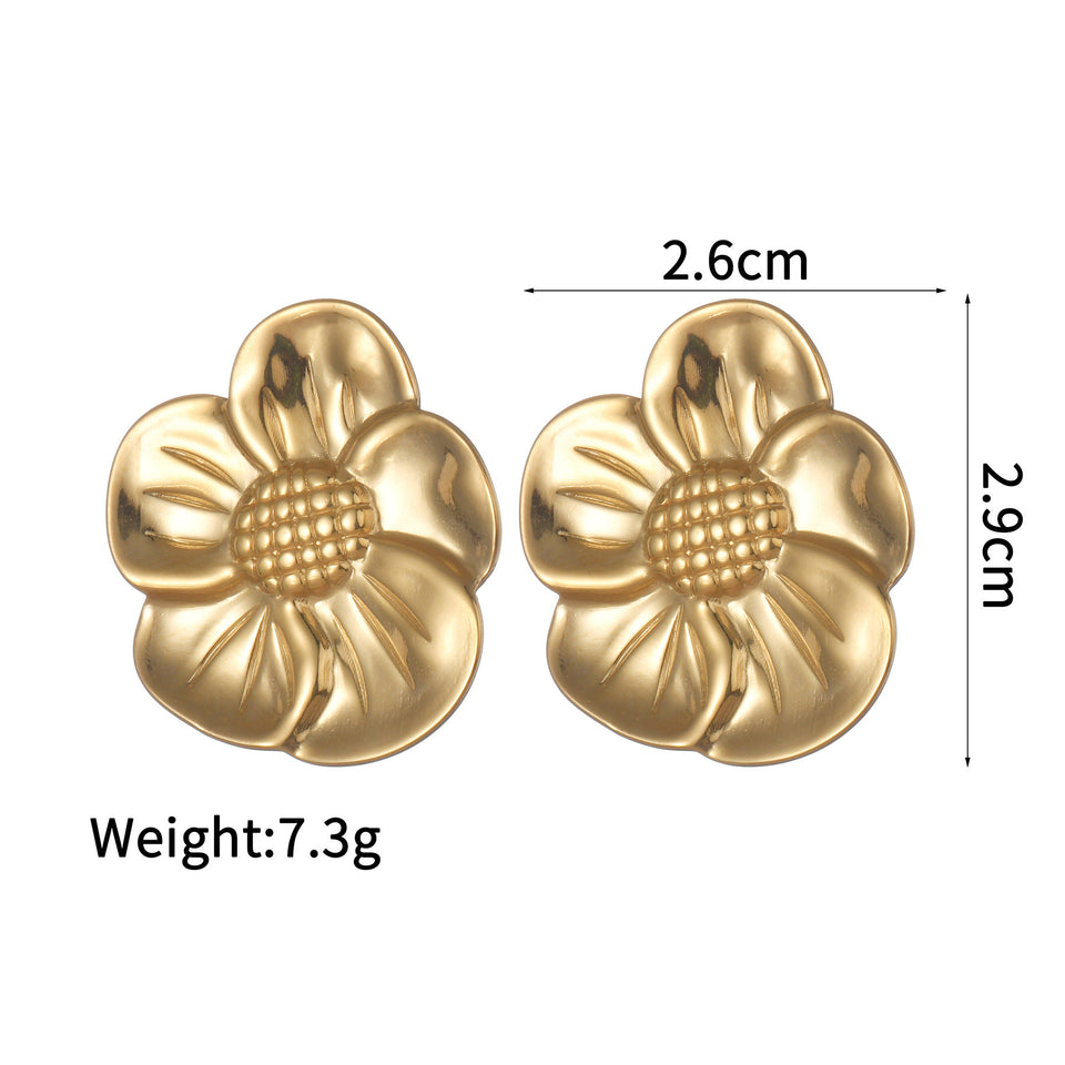 Textured Retro Gold Stainless Steel Flower Open Ring Women