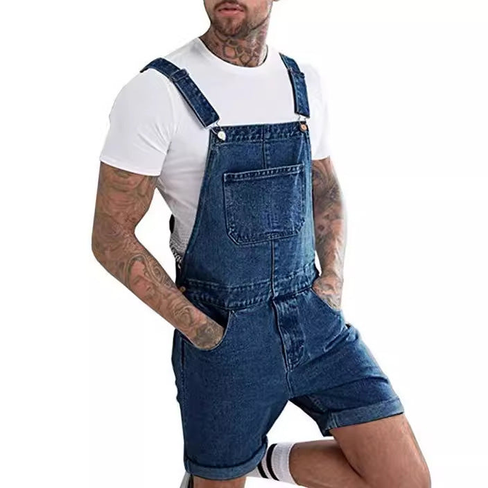 Retro Men's Denim With Hole Shorts One-piece Working Bib Top Pants